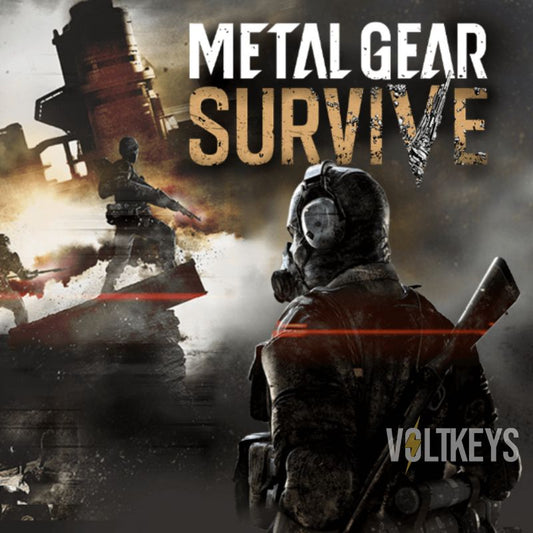 Promotional image for 'Metal Gear Survive' with a character in a gas mask and another person in the background.