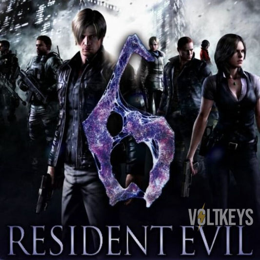 Promotional image for 'Resident Evil 6' with characters and Voltkeys logo.