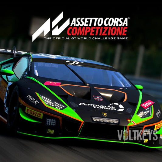 Lamborghini Huracan GT3 race car with Assetto Corsa Competizione branding on a blurred track background.