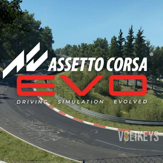 Assetto Corsa Evo logo with a racing track in the background