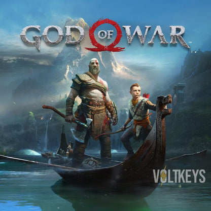 Promotional image for 'God of War' featuring two characters in a boat with the game's title displayed.