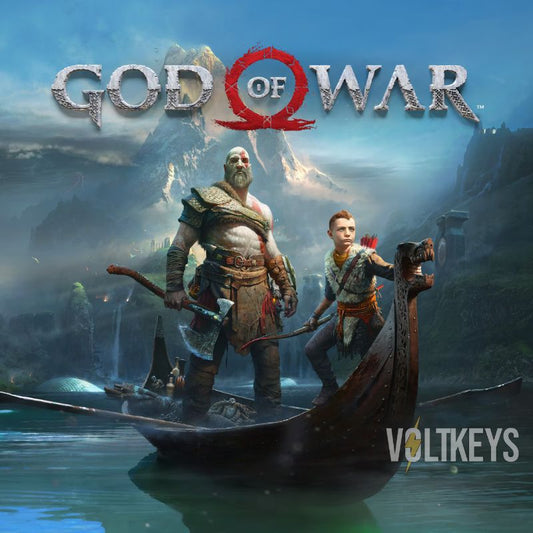 Promotional image for 'God of War' featuring two characters in a boat with the game's title displayed.