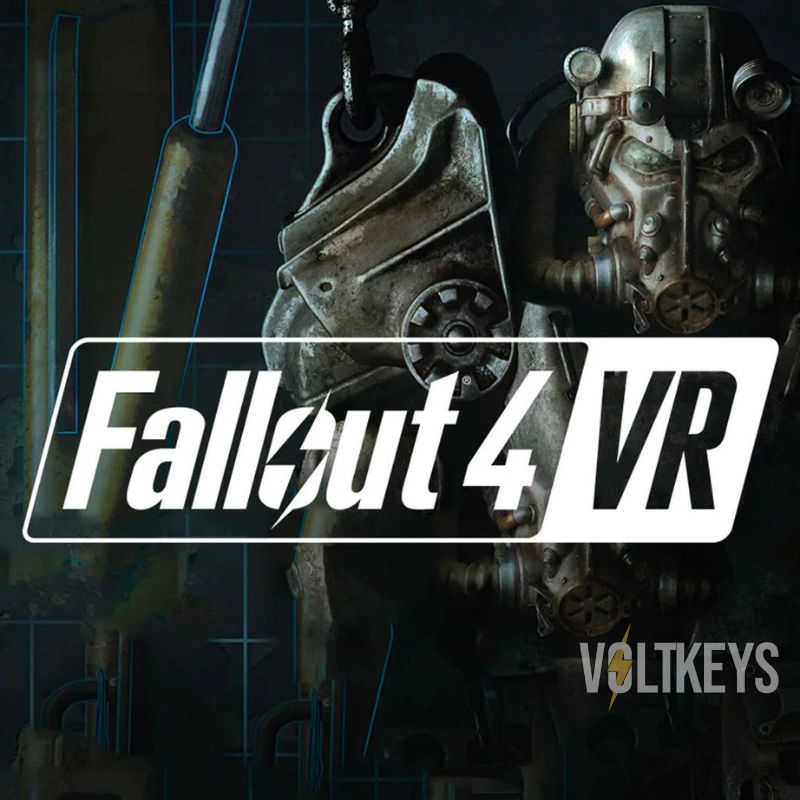 Promotional image for 'Fallout 4 VR' with mechanical elements and the game's logo.