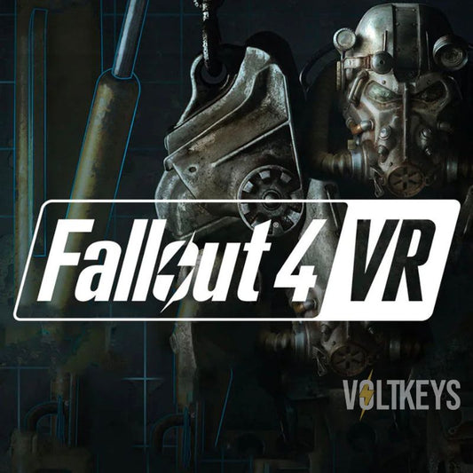 Promotional image for 'Fallout 4 VR' with mechanical elements and the game's logo.