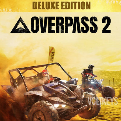 Promotional image for 'Overpass 2' deluxe edition with off-road vehicles and desert landscape.