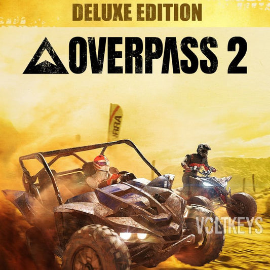 Promotional image for 'Overpass 2' deluxe edition with off-road vehicles and desert landscape.