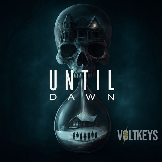 Artistic depiction of a skull with a house inside, holding an hourglass with houses and people, against a dark background. The text 'UNTIL DAWN' is prominently displayed.