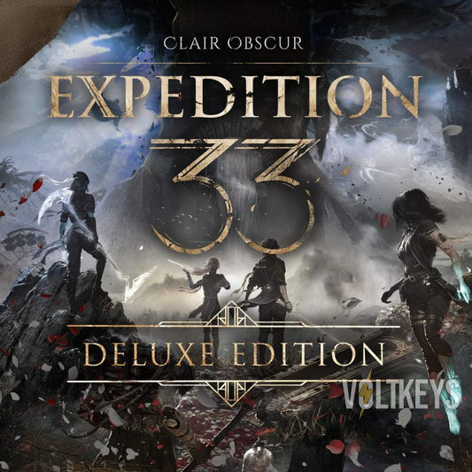 Cover of 'Expedition 33' deluxe edition by Clair Obscur with silhouettes of people and mystical elements.