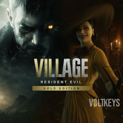 Promotional image for 'Resident Evil Village Gold Edition' featuring a character and a woman in a hat.