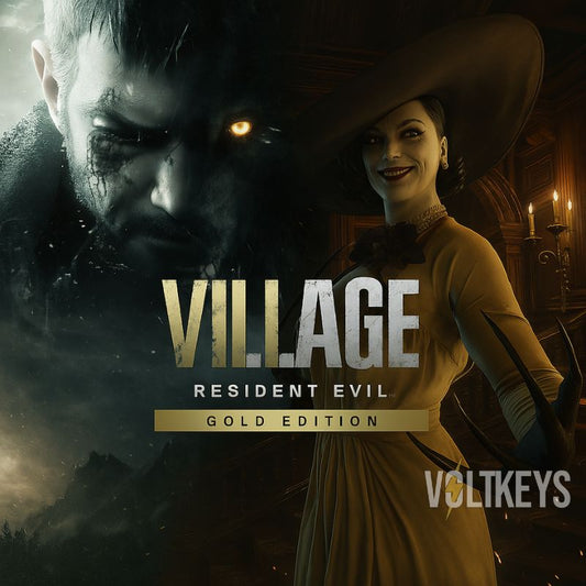 Promotional image for 'Resident Evil Village Gold Edition' featuring a character and a woman in a hat.