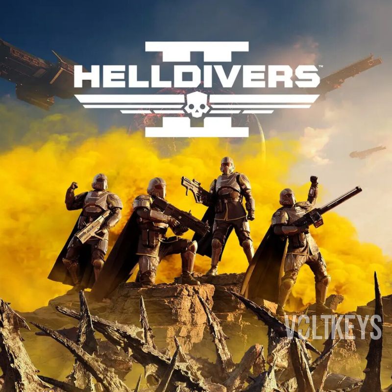 Promotional image for 'Helldivers' with characters on a cliff and yellow smoke.