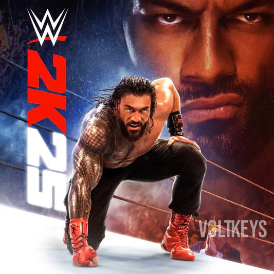Wrestler in a fighting stance with WWE 2K25 logo and Voltkeys branding.