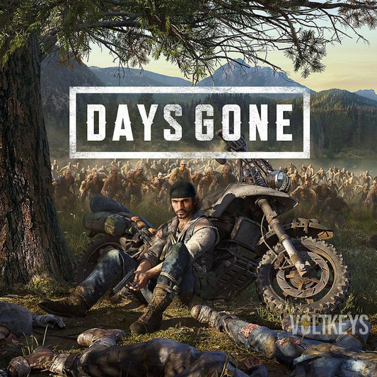 Character from 'Days Gone' sitting on a motorcycle with a forest and mountain background.