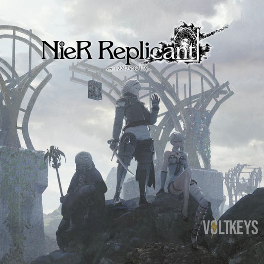 Cover of 'NieR Replicant' with characters standing on a rocky outcrop against a cloudy sky.