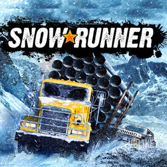 SnowRunner game cover with a truck transporting barrels through a snowy landscape