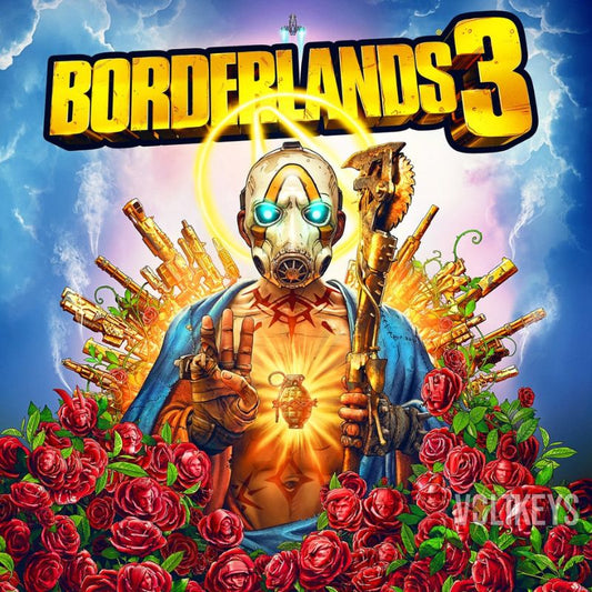 Promotional image for 'Borderlands 3' with a character holding a grenade amidst flowers and the game's title.