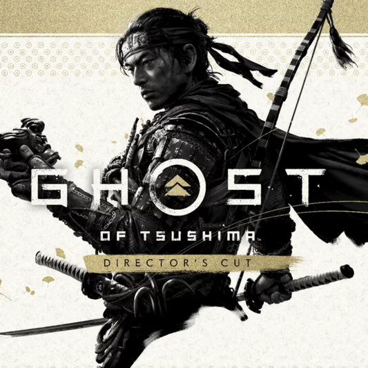 Promotional image for 'Ghost of Tsushima Director's Cut' featuring a samurai warrior with text overlay.