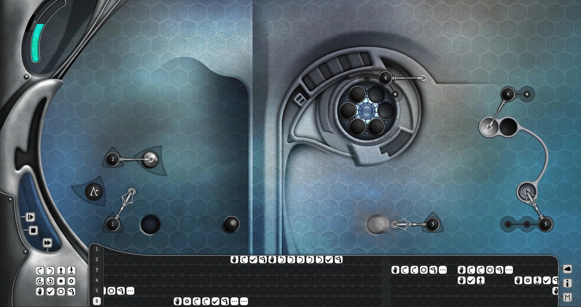 Close-up of a futuristic mechanical device with intricate details on a blue and gray background.