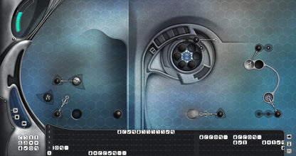 Close-up of a futuristic mechanical device with intricate details on a blue and gray background.