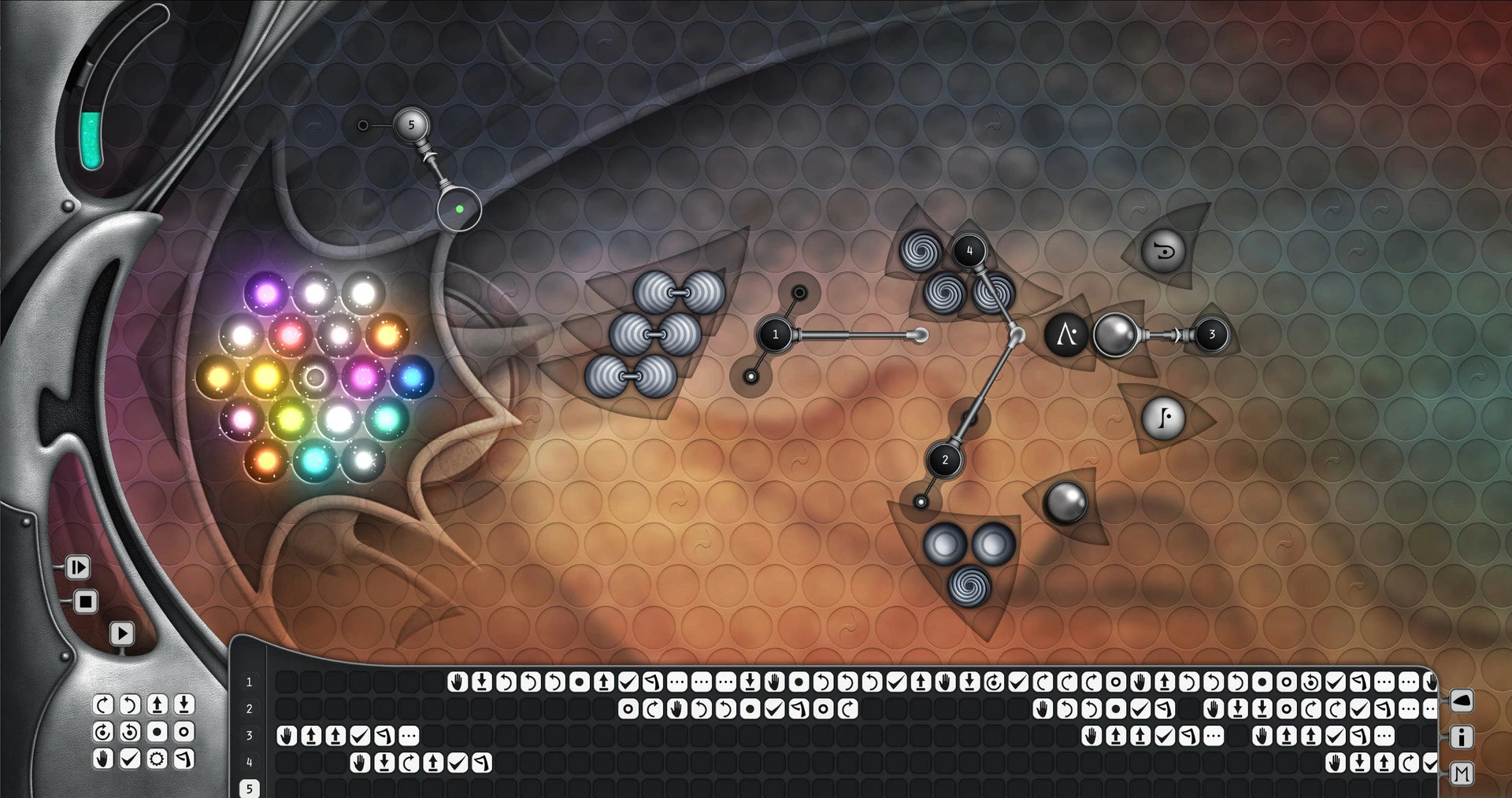 Game interface with colorful lights and mechanical elements on a dark background