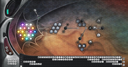 Game interface with colorful lights and mechanical elements on a dark background