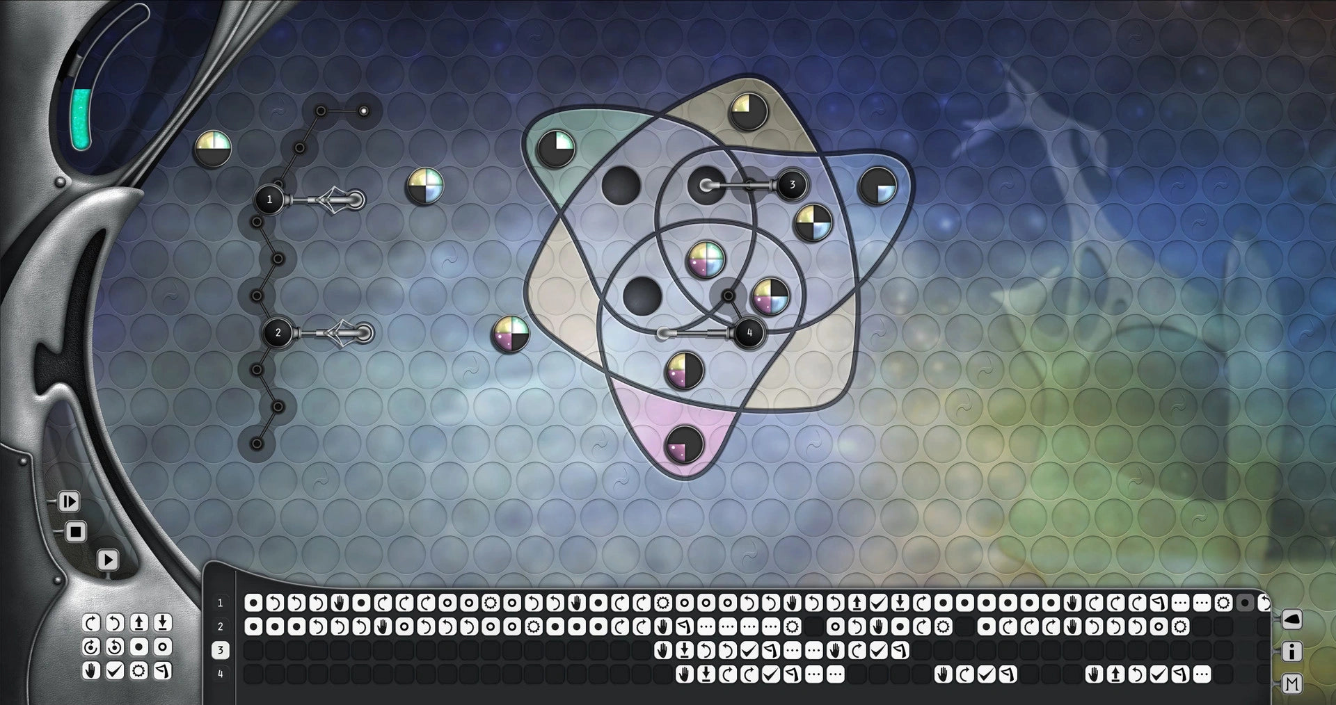 Computer screen with a futuristic interface and atom model on a dark background
