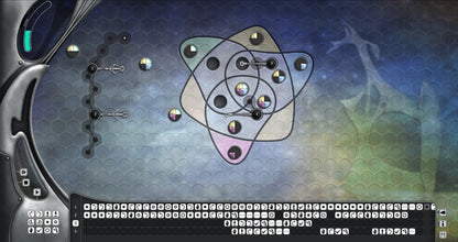 Computer screen with a futuristic interface and atom model on a dark background