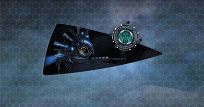 Futuristic design with mechanical elements on a dark background