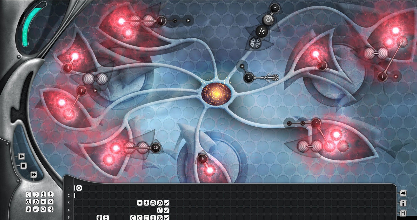 Computer screen displaying a complex interface with red and blue lights and geometric patterns.
