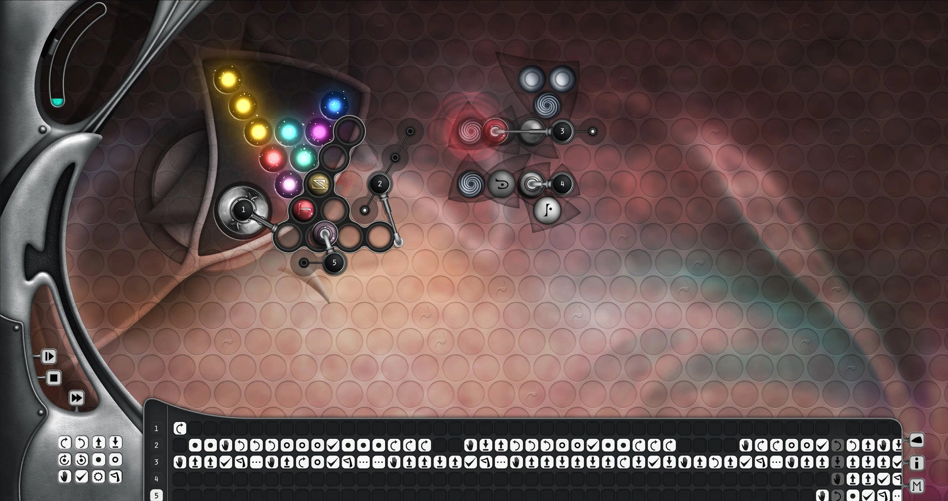 Close-up of a futuristic control panel with colorful buttons and digital displays.