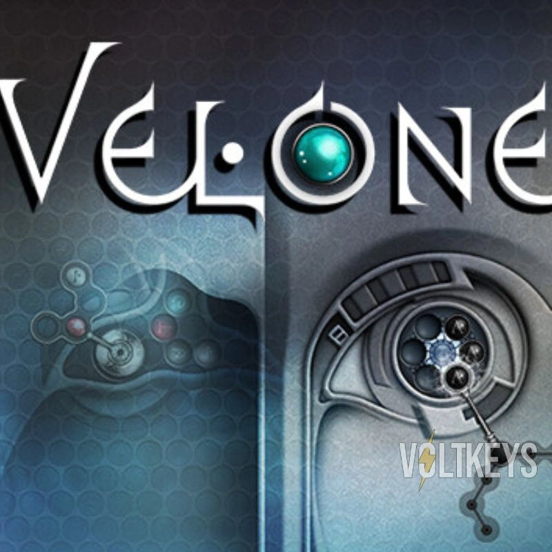 Game title 'Velone' with gaming controller and mechanical design elements on a dark background.