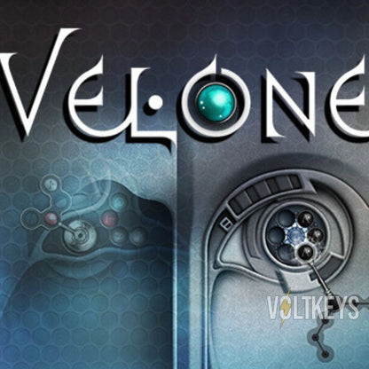 Game title 'Velone' with gaming controller and mechanical design elements on a dark background.