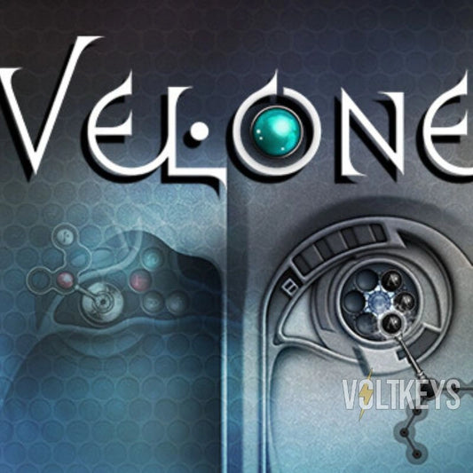 Game title 'Velone' with gaming controller and mechanical design elements on a dark background.