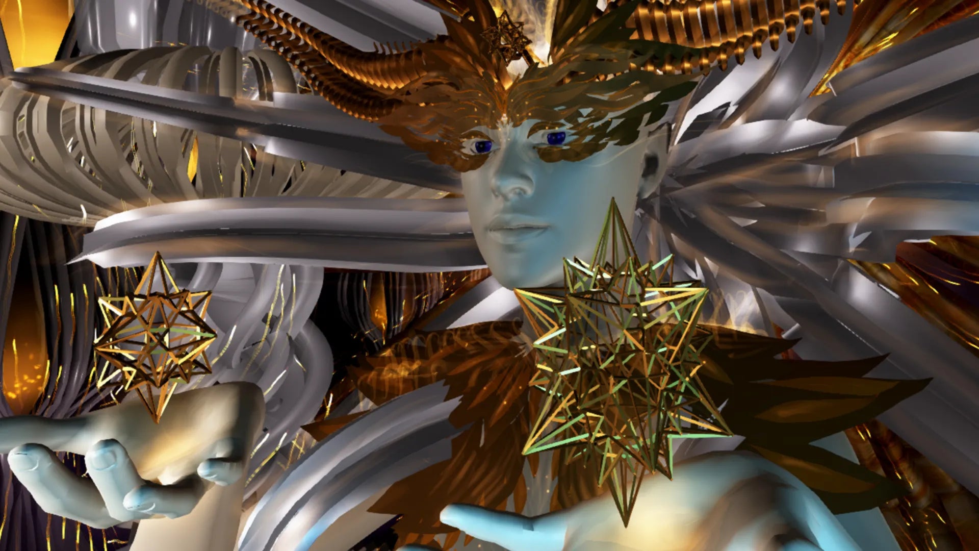 Decorative figure with gold and silver elements, including stars and a mask.