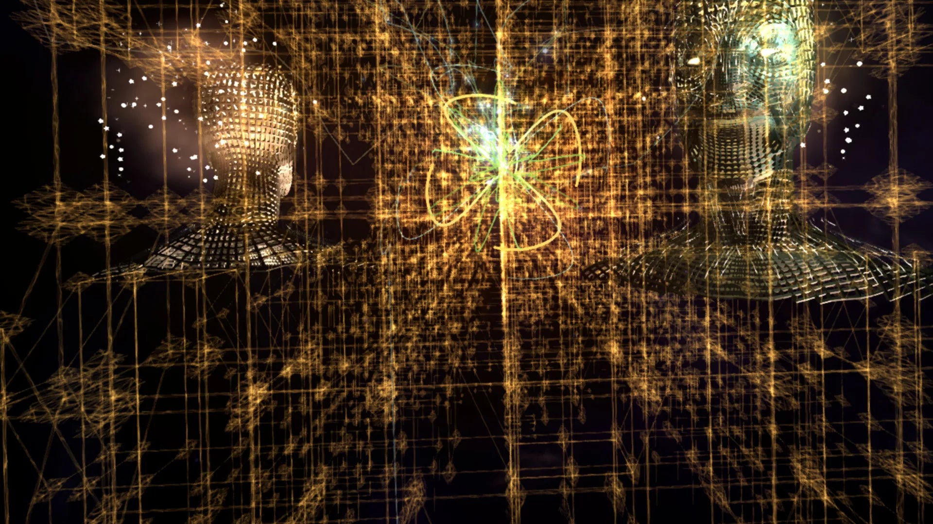 Abstract digital art with glowing lines and shapes on a dark background