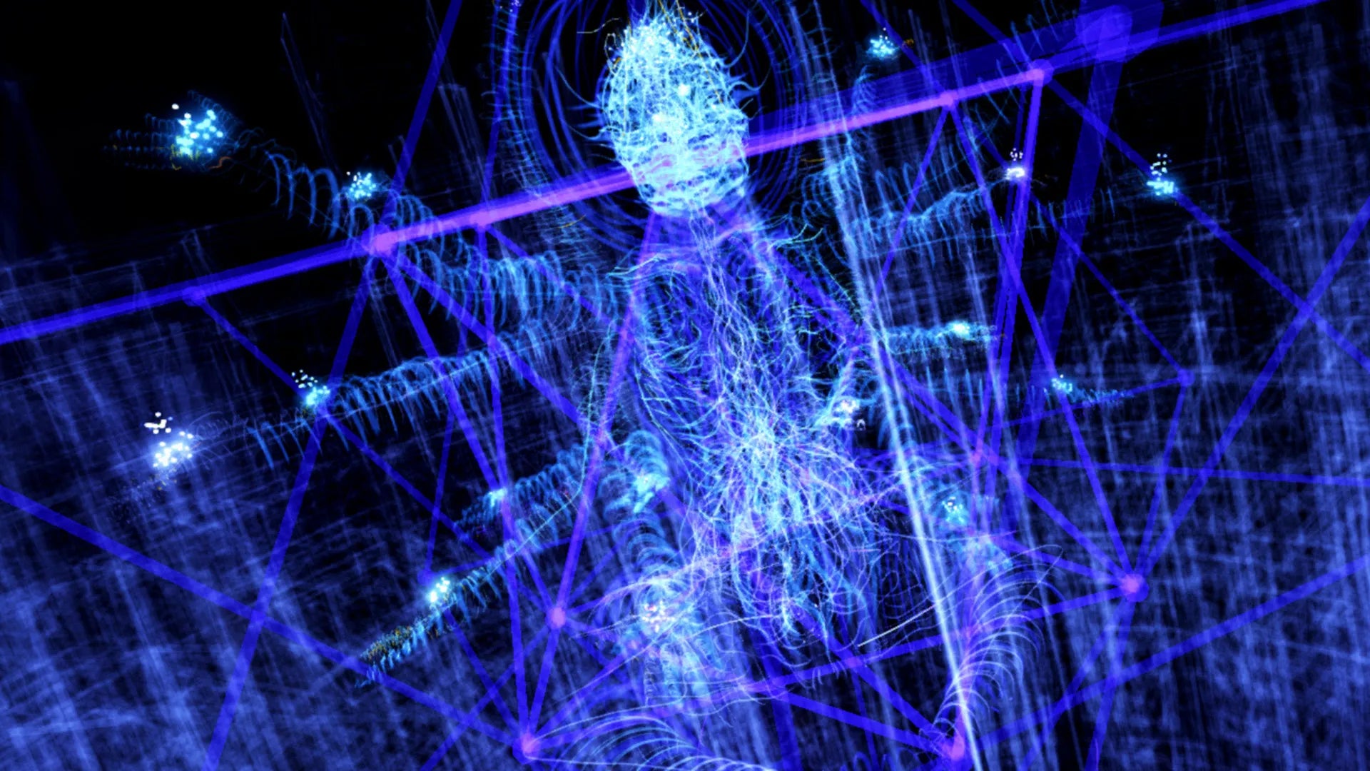 Abstract blue and purple light patterns on a dark background