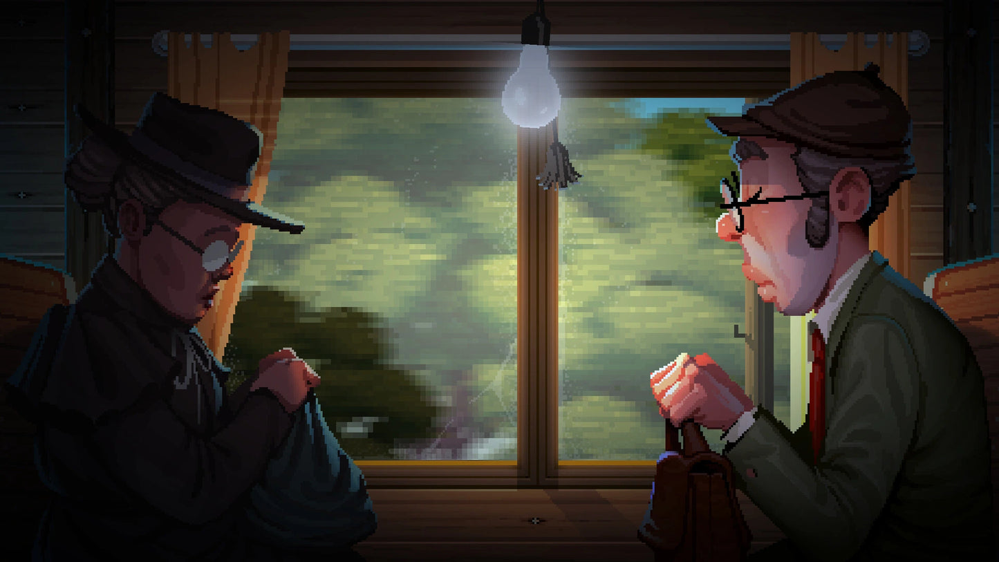 Two men in suits sitting by a window with a light bulb hanging above, inside a vehicle.
