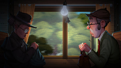 Two men in suits sitting by a window with a light bulb hanging above, inside a vehicle.
