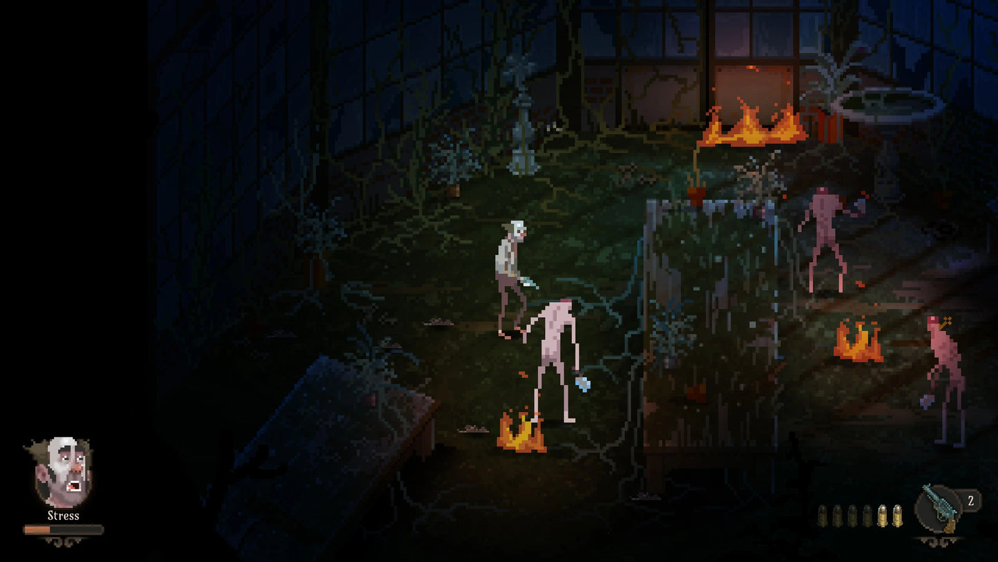 Dark fantasy game scene with skeletons and a fireplace in a dimly lit room.