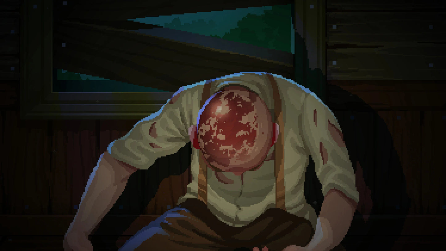 Character with a bandaged head sitting in a dimly lit room.