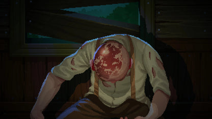 Character with a bandaged head sitting in a dimly lit room.