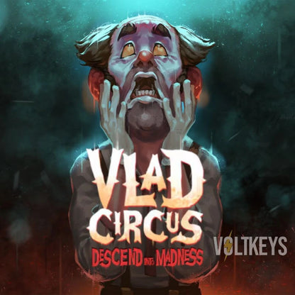Illustration of a clown with text 'Vlad Circus Descend into Madness' and 'Voltikeys' on a dark background.