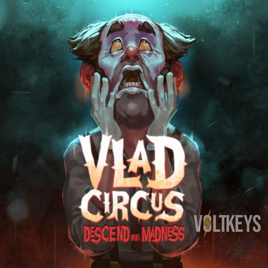 Illustration of a clown with text 'Vlad Circus Descend into Madness' and 'Voltikeys' on a dark background.