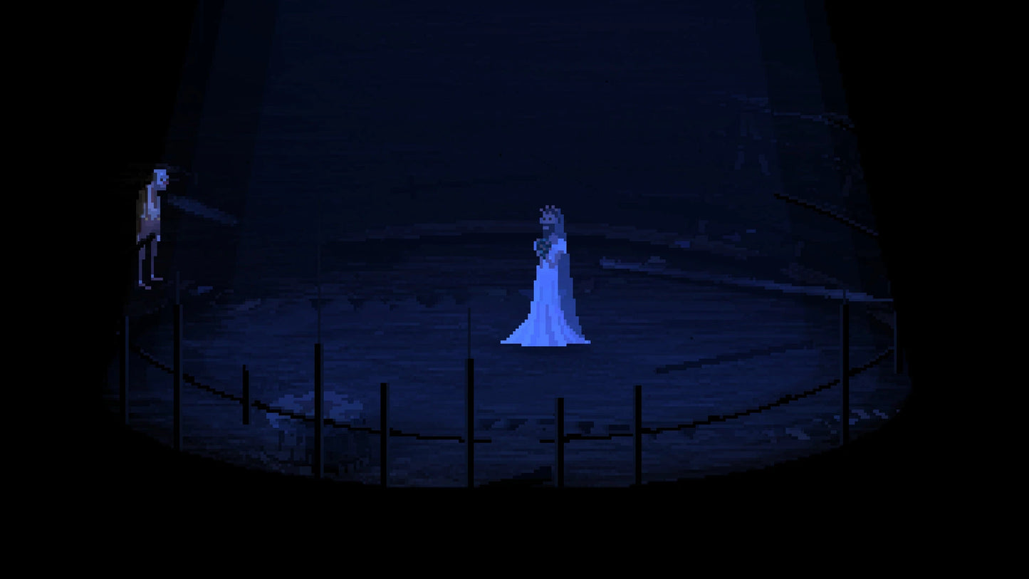 Two ghostly figures in a dark, circular arena with a blue glow.