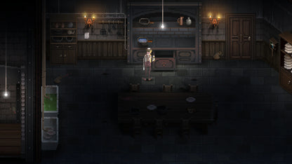 Darkly lit room with a character standing in the center, surrounded by shelves and furniture.
