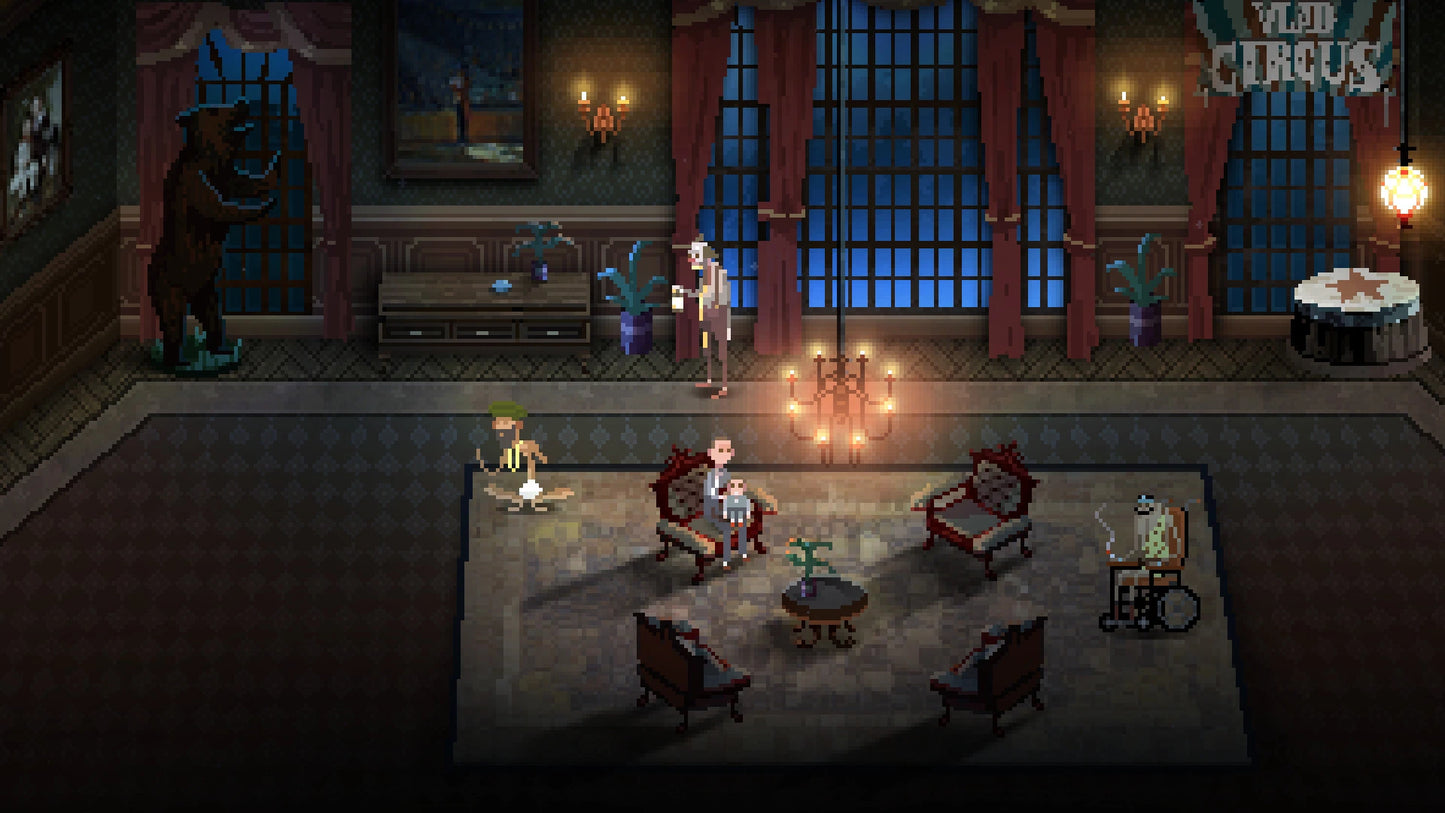 Pixel art style scene from a video game with characters in a room.
