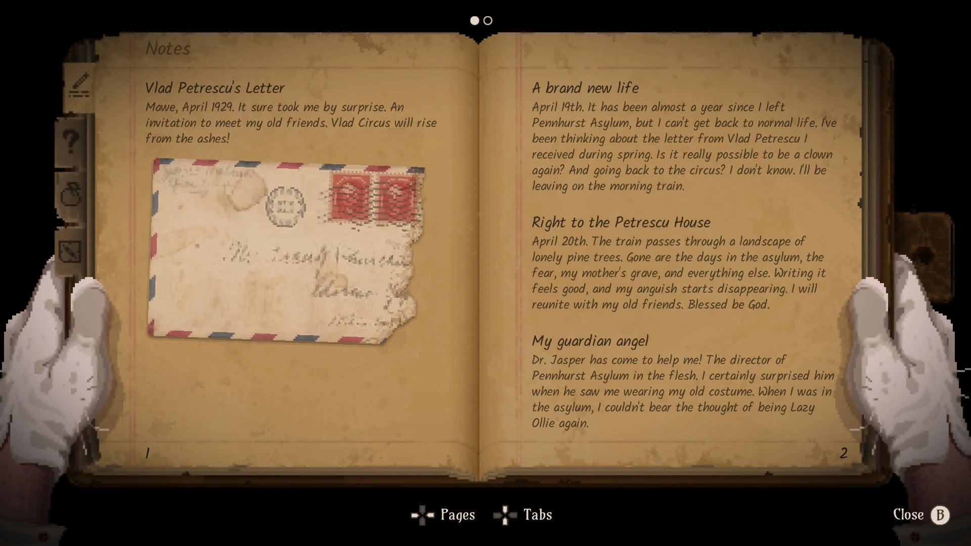 Open book with text and a letter held by white-gloved hands
