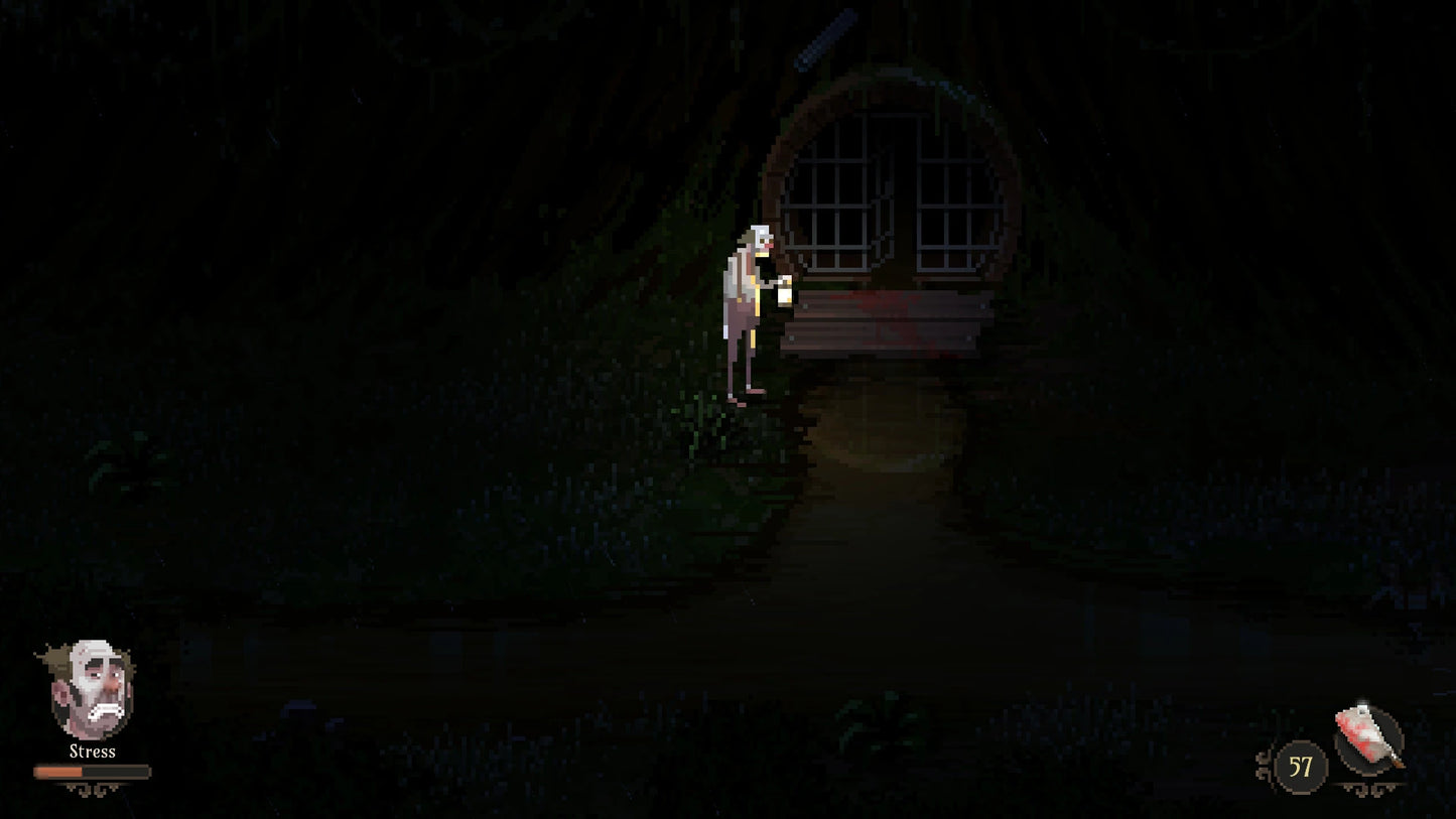 Dark, eerie scene with a figure standing in front of a door in a dimly lit setting.