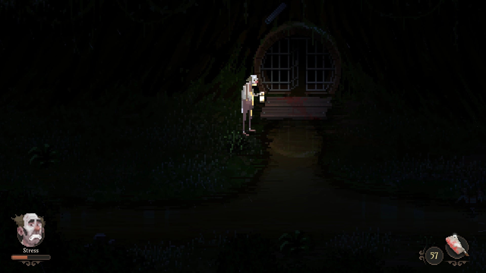 Dark, eerie scene with a figure standing in front of a door in a dimly lit setting.