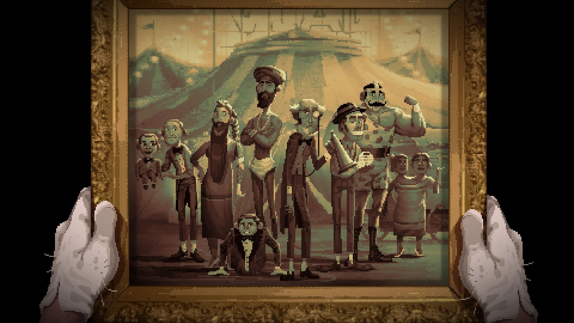 Framed artwork of a group of stylized figures with a mountainous background.